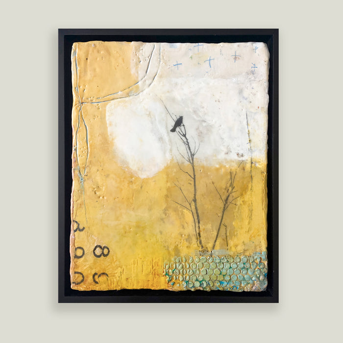 Artwork of a bird on a branch with a textured yellow and white background, in black frame displayed on light tan wall. 