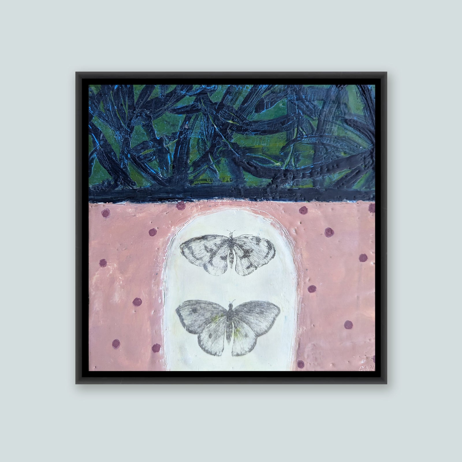 "Tell Me What You Know About Fragile Strength" mixed media encaustic painting with butterflies by Bridgette Guerzon Mills.