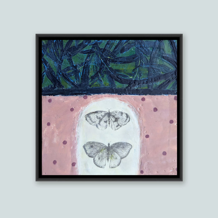 "Tell Me What You Know About Fragile Strength" mixed media encaustic painting with butterflies by Bridgette Guerzon Mills.