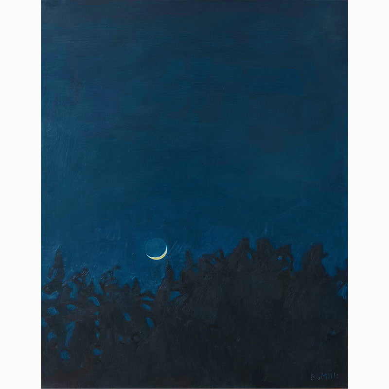 An oil painting, by Bridgette Guerzon Mills, depicting a dark blue night sky with a small crescent moon just above the silhouette of treetops. 