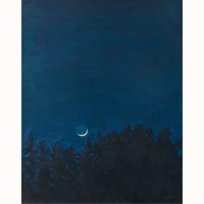 An oil painting, by Bridgette Guerzon Mills, depicting a dark blue night sky with a small crescent moon just above the silhouette of treetops. 