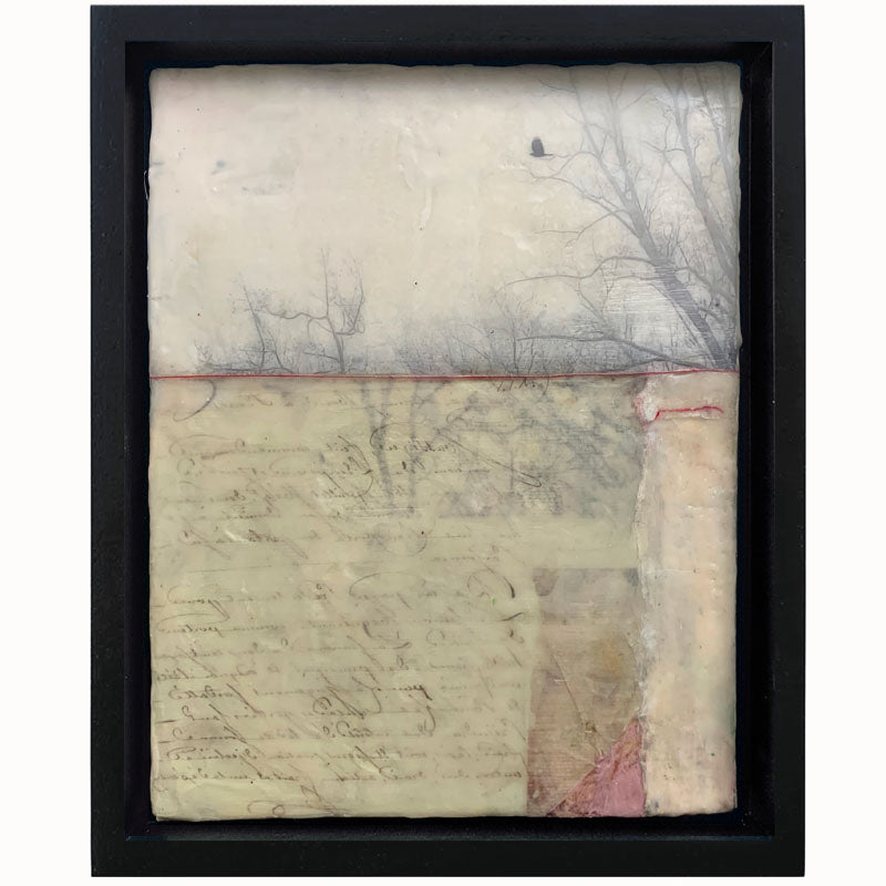 "When the Blackbird Flew" painting by Bridgette Guerzon Mills.  Framed  mixed media encaustic artwork with tree silhouettes, bird in flight, vintage papers and red thread.