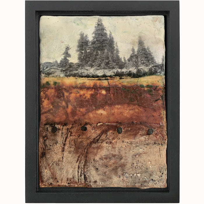 "Always Enduring" mixed media encaustic artwork by Bridgette Guerzon Mills with tree imagery and nails.