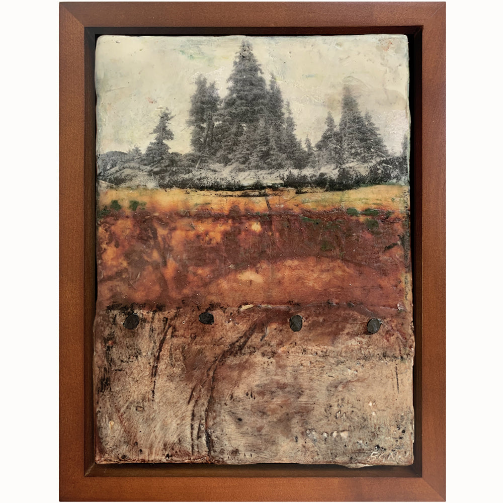 "Always Enduring" mixed media encaustic artwork by Bridgette Guerzon Mills with tree imagery and nails. Shown in a walnut frame. Available at larkandkey.com.