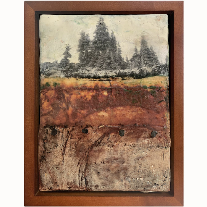 "Always Enduring" mixed media encaustic artwork by Bridgette Guerzon Mills with tree imagery and nails.