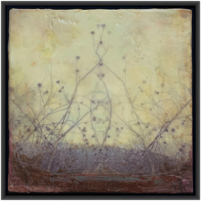 "Crossing the Threshold" mixed media encaustic artwork by Bridgette Guerzon Mills. Brambles in golden hues.