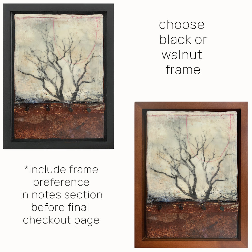 "Finding that Quiet Space" mixed media encaustic artwork by Bridgette Guerzon Mills with tree imagery, nails and metal. Frame options.