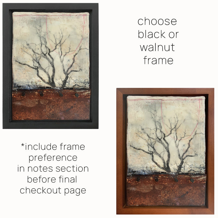 "Finding that Quiet Space" mixed media encaustic artwork by Bridgette Guerzon Mills with tree imagery, nails and metal. Frame options.