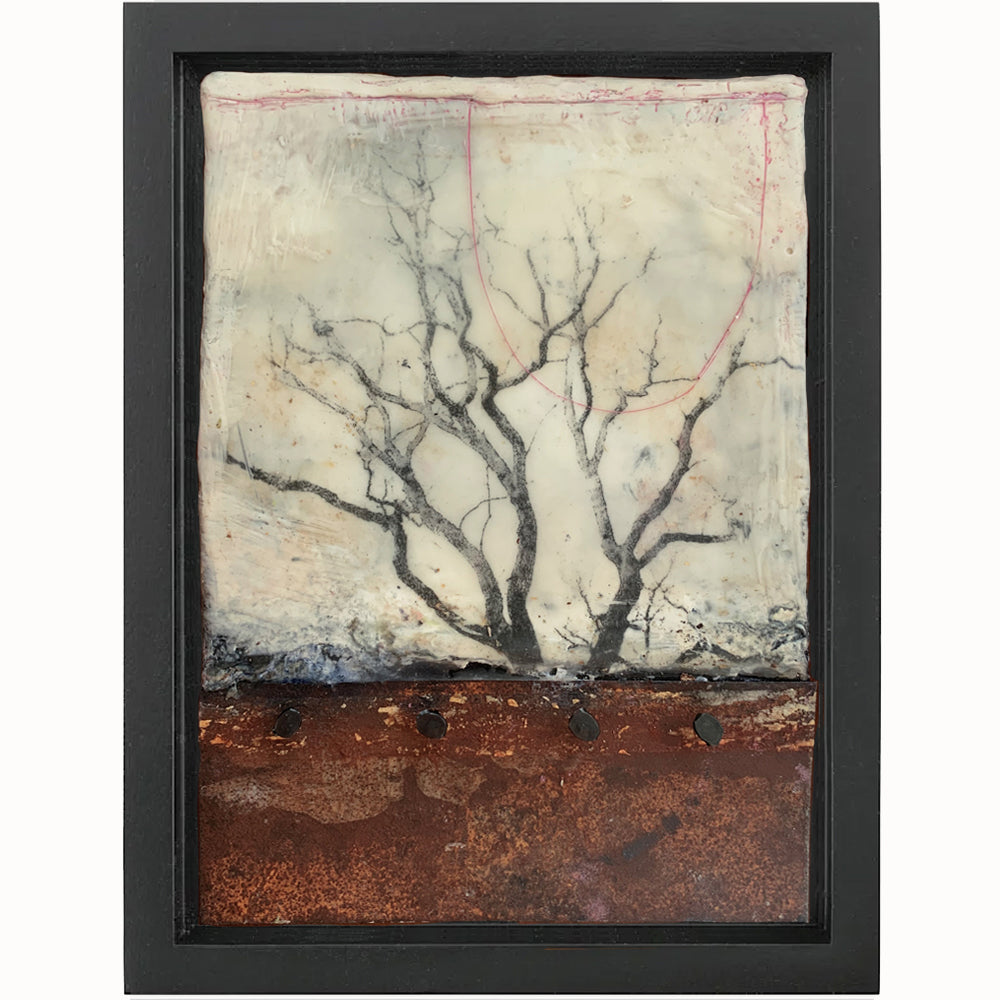 "Finding that Quiet Space" mixed media encaustic artwork by Bridgette Guerzon Mills with tree imagery, nails and metal.