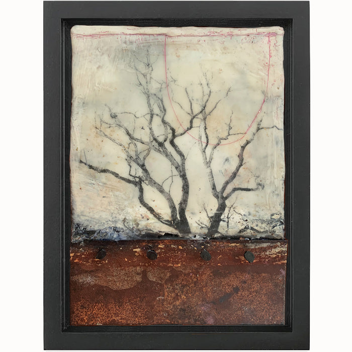 "Finding that Quiet Space" mixed media encaustic artwork by Bridgette Guerzon Mills with tree imagery, nails and metal.