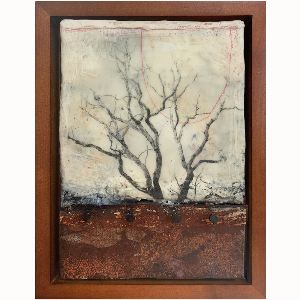 "Finding that Quiet Space" mixed media encaustic artwork by Bridgette Guerzon Mills with tree imagery, nails and metal.