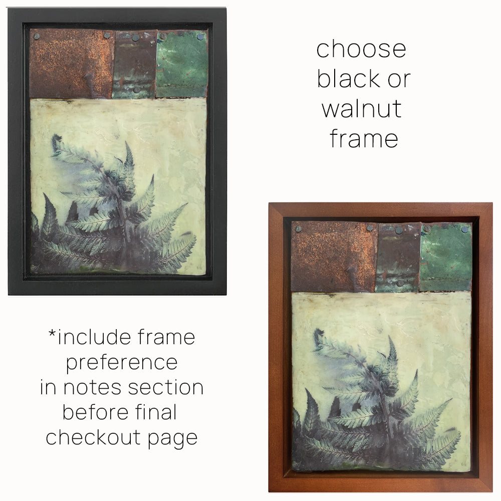 "Lessons of Endurance" mixed media encaustic artwork by Bridgette Guerzon Mills with fern imagery and salvaged metal. Frame options.