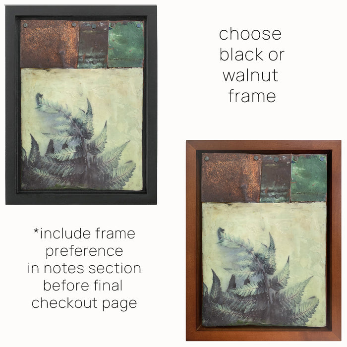 "Lessons of Endurance" mixed media encaustic artwork by Bridgette Guerzon Mills with fern imagery and salvaged metal. Frame options.