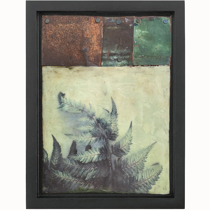 "Lessons of Endurance" mixed media encaustic artwork by Bridgette Guerzon Mills with fern imagery and salvaged metal.