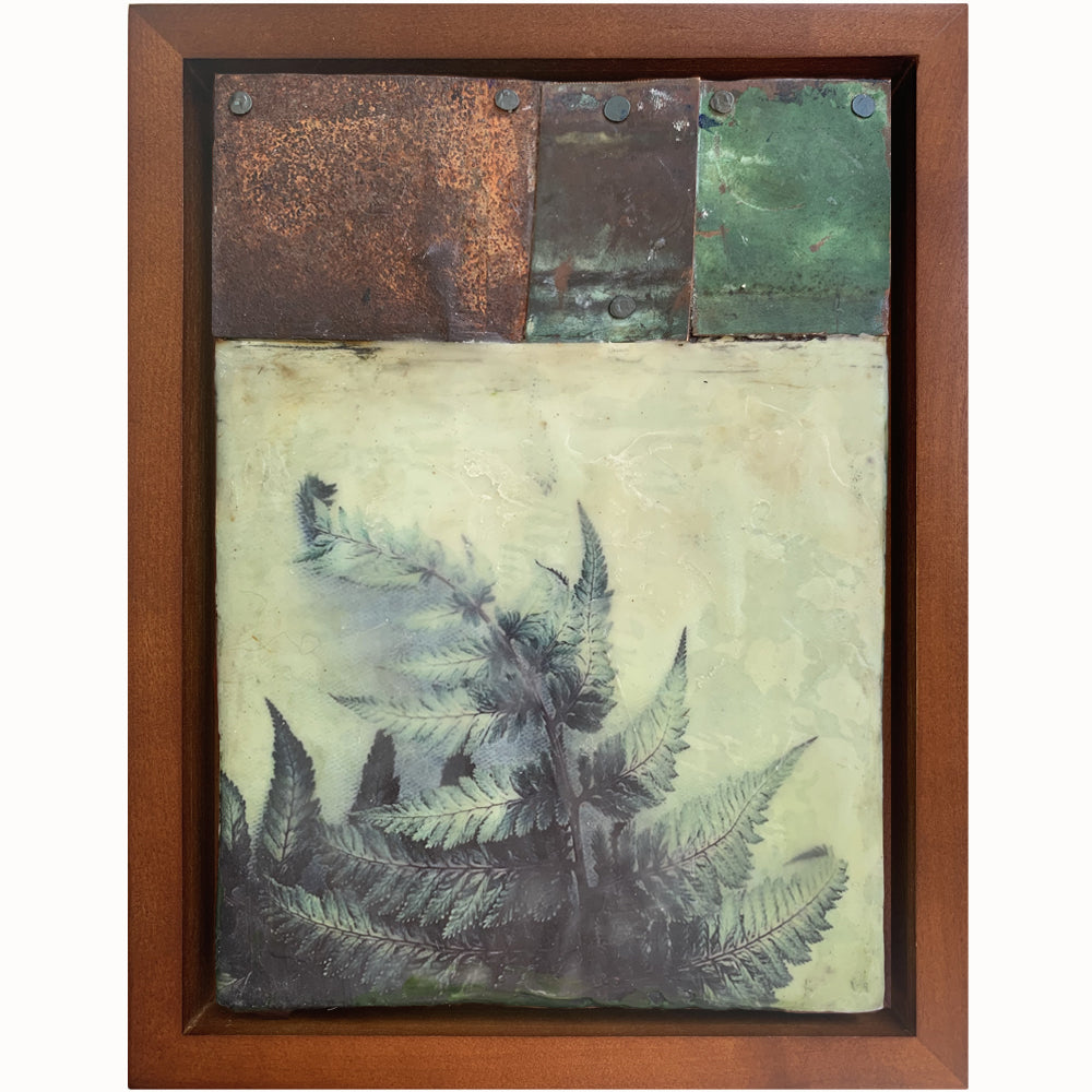 "Lessons of Endurance" mixed media encaustic artwork by Bridgette Guerzon Mills with fern imagery and salvaged metal.