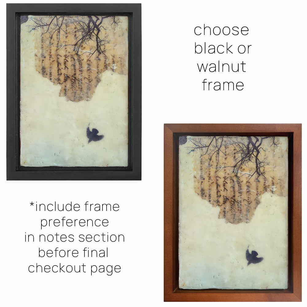 "Listening to the Call" mixed media encaustic artwork by Bridgette Guerzon Mills, tree imagery, vintage paper with handwriting, and bird. Frame options.