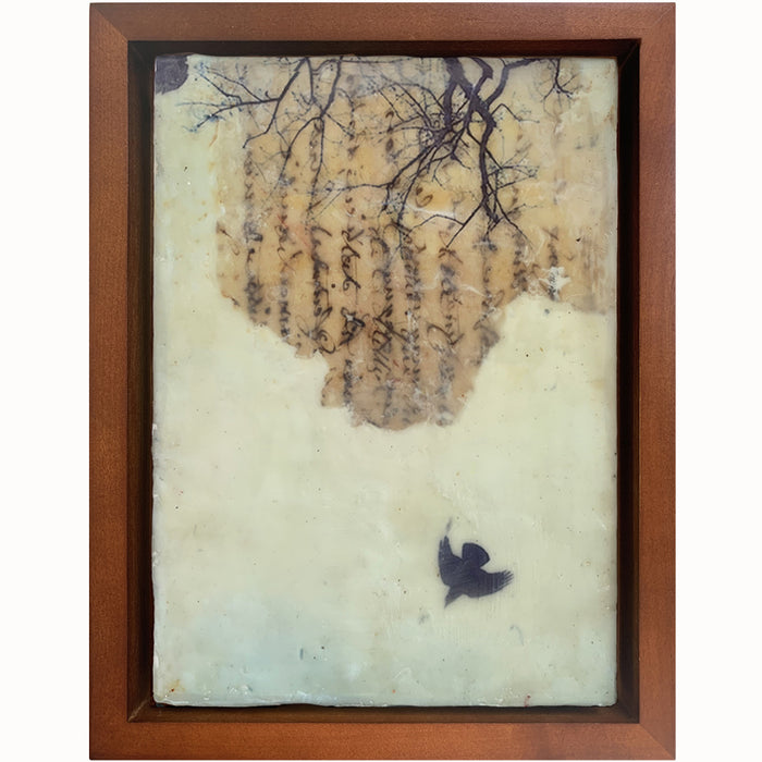 "Listening to the Call" mixed media encaustic artwork by Bridgette Guerzon Mills, tree imagery, vintage paper with handwriting, and bird.