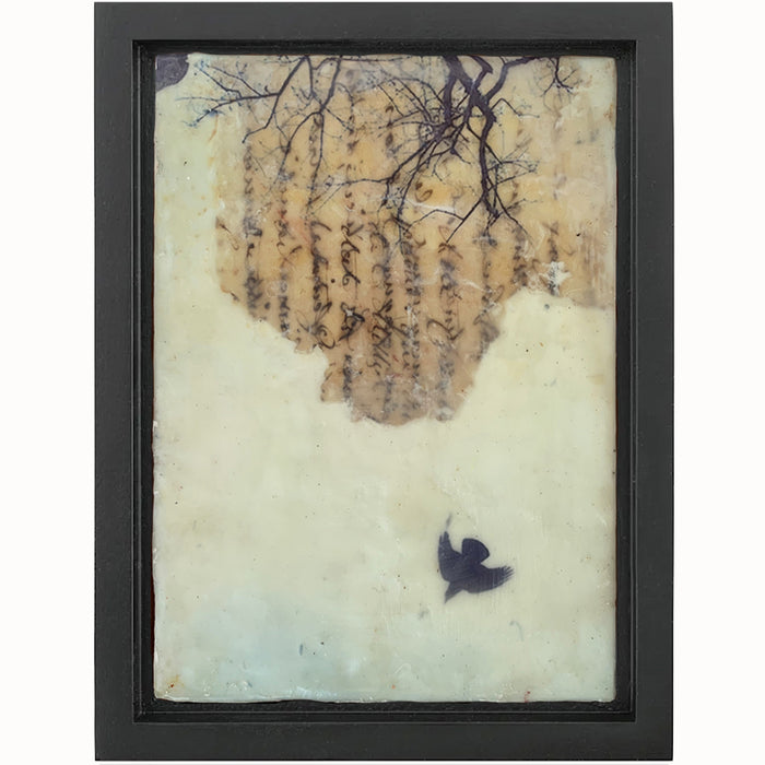 "Listening to the Call" mixed media encaustic artwork by Bridgette Guerzon Mills, tree imagery, vintage paper with handwriting, and bird.