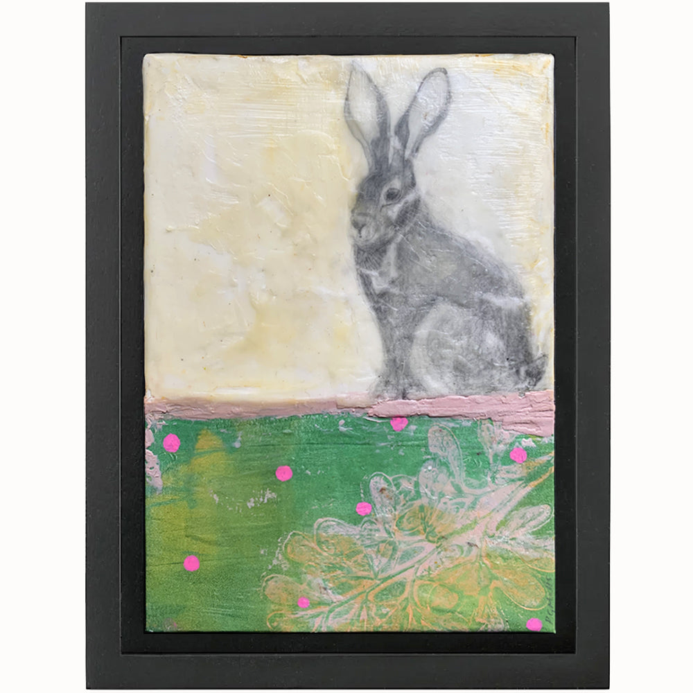 "Rabbit Rabbit" mixed media encaustic artwork by Bridgette Guerzon Mills. A rabbit sits on top of a green ground with pink polka dots. Available at larkandkey.com.