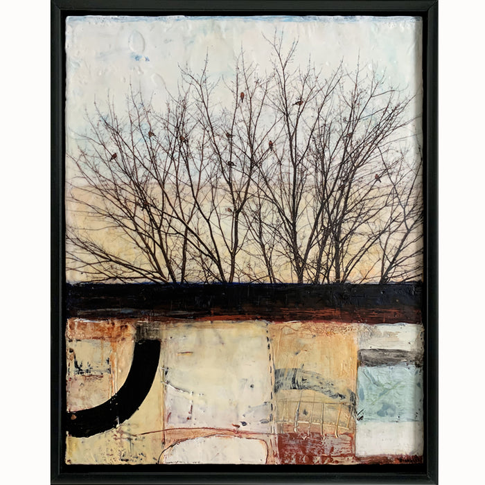 "Renewal" mixed media encaustic artwork by Bridgette Guerzon Mills,  trees with birds.