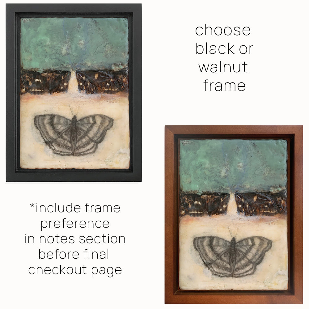 "Tender Passages" mixed media encaustic artwork by Bridgette Guerzon Mills with butterfly. Frame options.