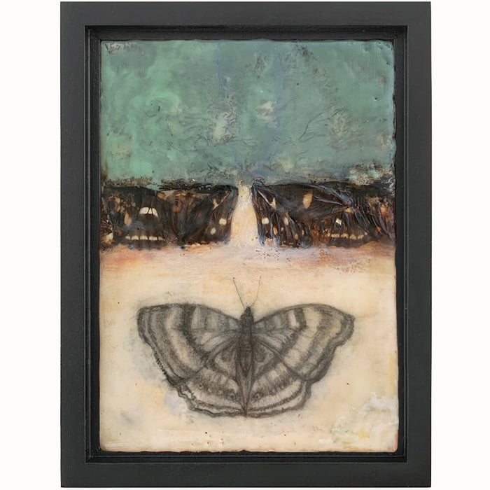 "Tender Passages" mixed media encaustic artwork by Bridgette Guerzon Mills with butterfly.