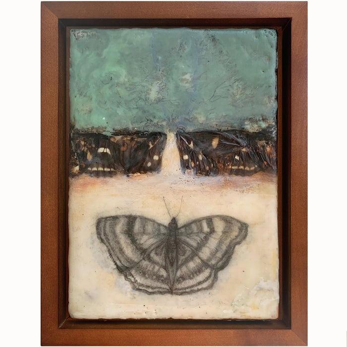 "Tender Passages" mixed media encaustic artwork by Bridgette Guerzon Mills with butterfly.