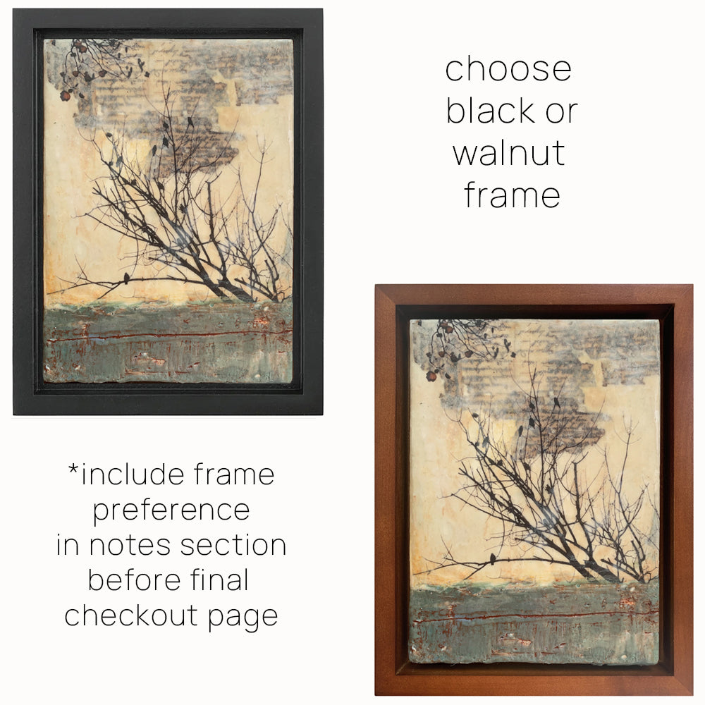 "Waiting Together" mixed media encaustic artwork by Bridgette Guerzon Mills, tree imagery with birds. Frame options.