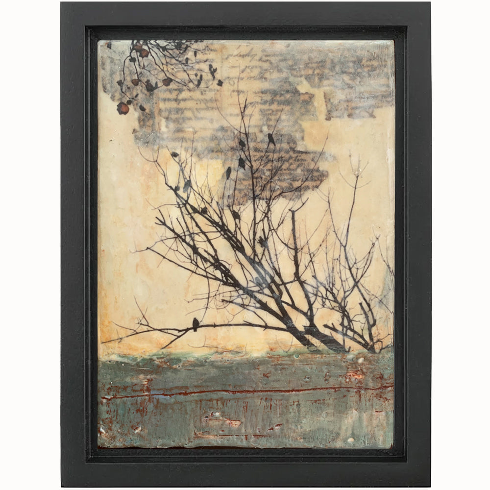 "Waiting Together" mixed media encaustic artwork by Bridgette Guerzon Mills, tree imagery with birds. Shown in a black frame. Available at larkandkey.com.