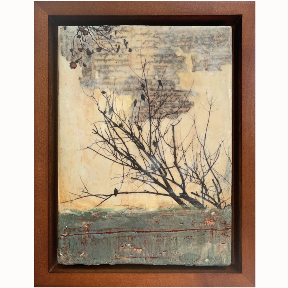 "Waiting Together" mixed media encaustic artwork by Bridgette Guerzon Mills, tree imagery with birds. Shown in a walnut frame. Available at larkandkey.com.