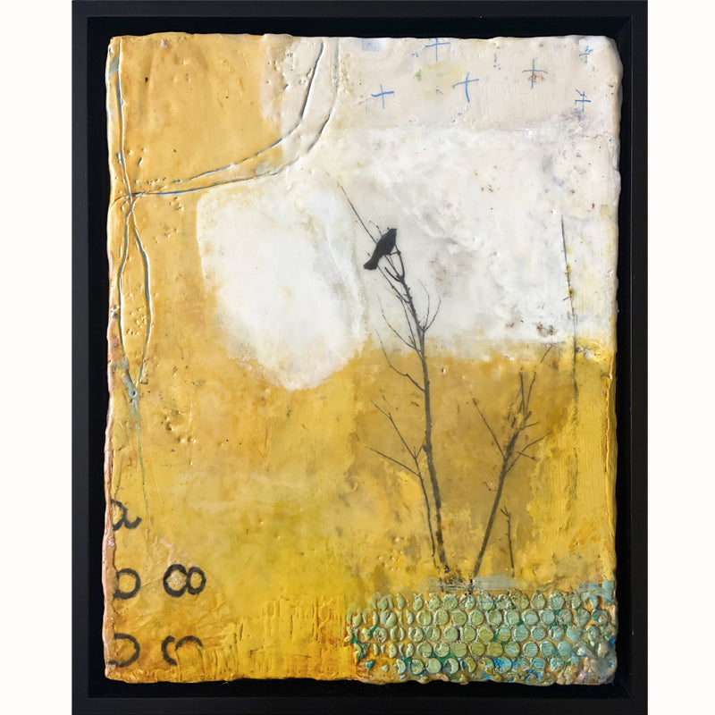 Artwork of a bird on a branch with a textured yellow and white background, in black frame.