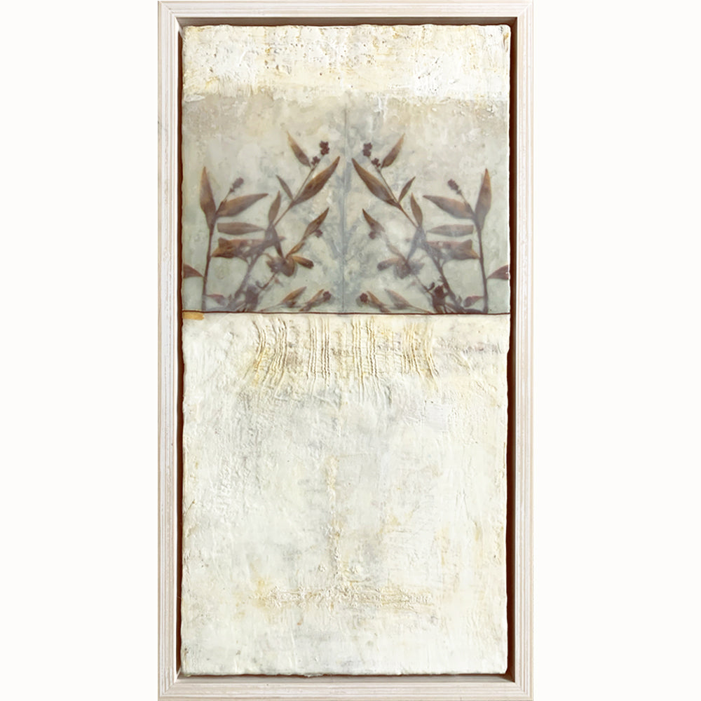 "Echoes" mixed media encaustic artwork by Bridgette Guerzon Mills, botanical piece in creams and neutrals - inspired by reciprocity.