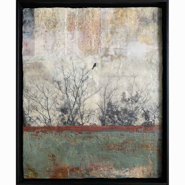 "Everything Chnages" mixed media encaustic artwork by Bridgette Guerzon Mills with trees and bird.