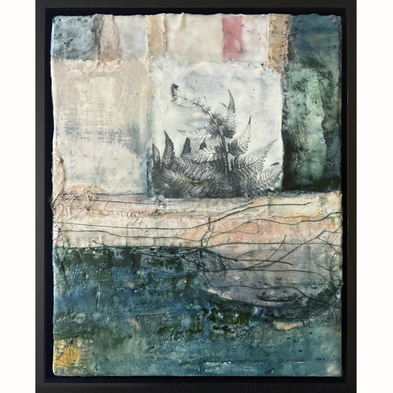 Mixed media artwork with textured surface, multicolor palette and fern detail.