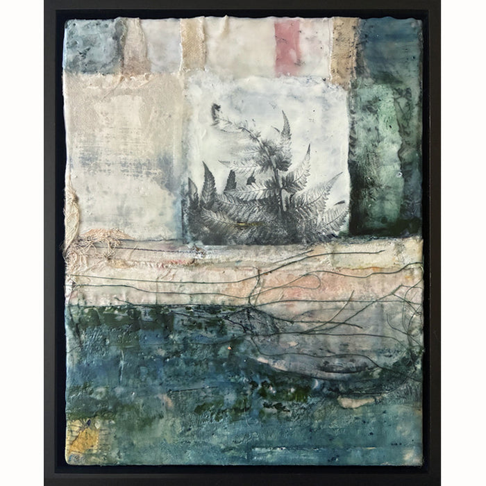 Mixed media artwork with textured surface, multicolor palette and fern detail.