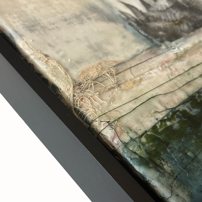 Mixed media artwork with textured surface, multicolor palette and fern detail. Close up to show thread.