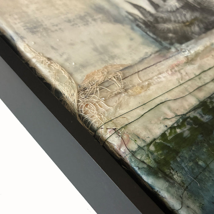 Mixed media artwork with textured surface, multicolor palette and fern detail. Close up to show thread.