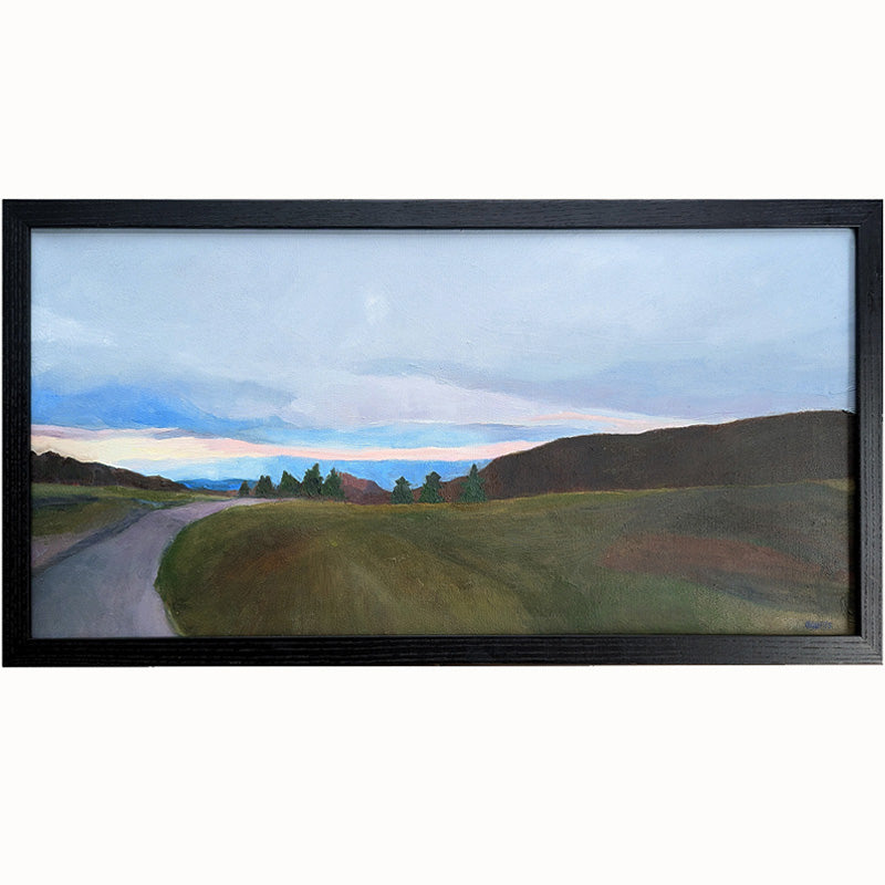 "As Dawn Broke" oil painting by Bridgette Guerzon Mills. Horizontal landscape, inspired by a hike at Mount Rogers in Virginia. 