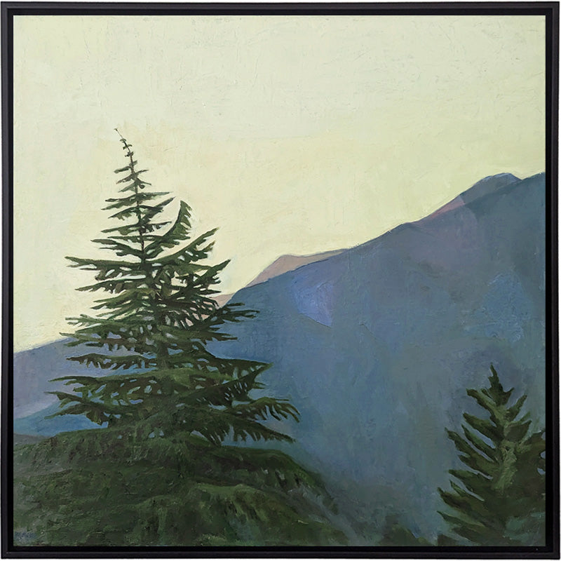 "How the Sun Caressed the Mountains" landscape oil painting by Bridgette Guerzon Mills. Mountain and tree view in the Cascades.