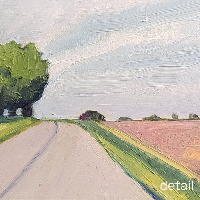 "On the Open Road" oil painting by Bridgette Guerzon Mills. Small landscape painting with pale blue sky, pink fields and trees. Detail shown for texture.