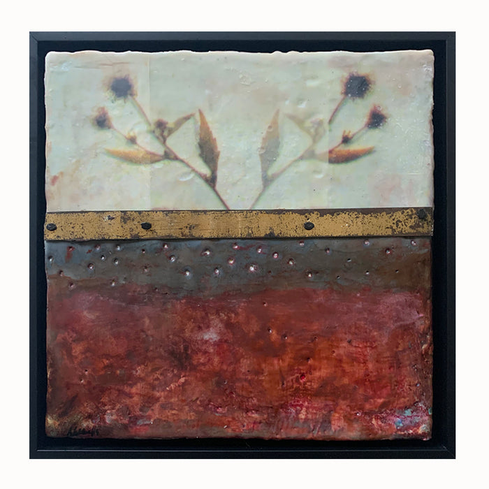 "In Lak'ech (You Are My Other Me)" mixed media art by Bridgette Guerzon Mills. Encaustic, paint, photography and metal.