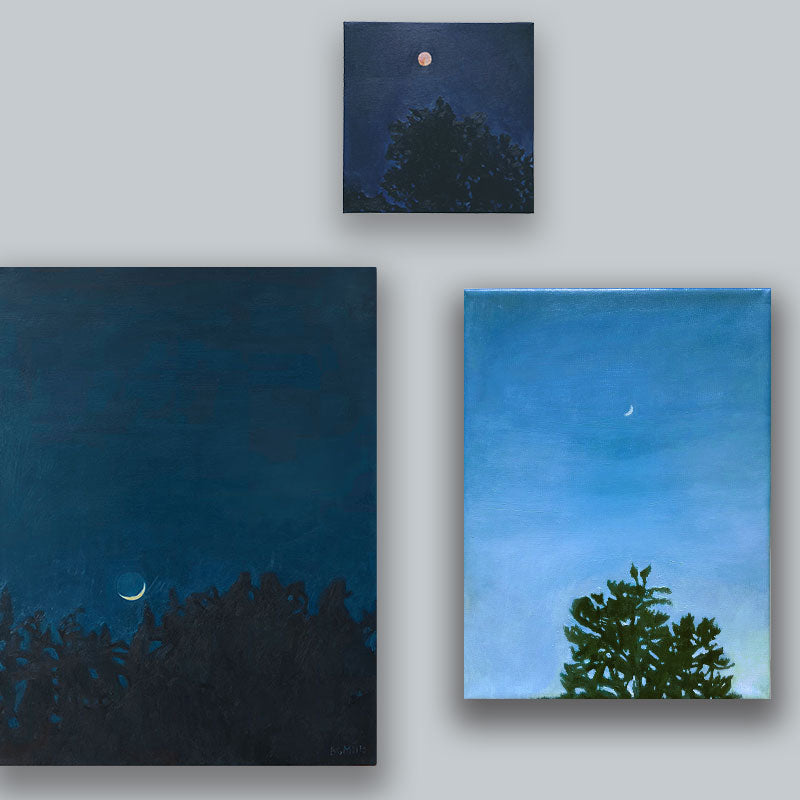 Three oil paintings on canvas by Bridgette Guerzon Mills, featuring different scenes of the moon above treetops. 