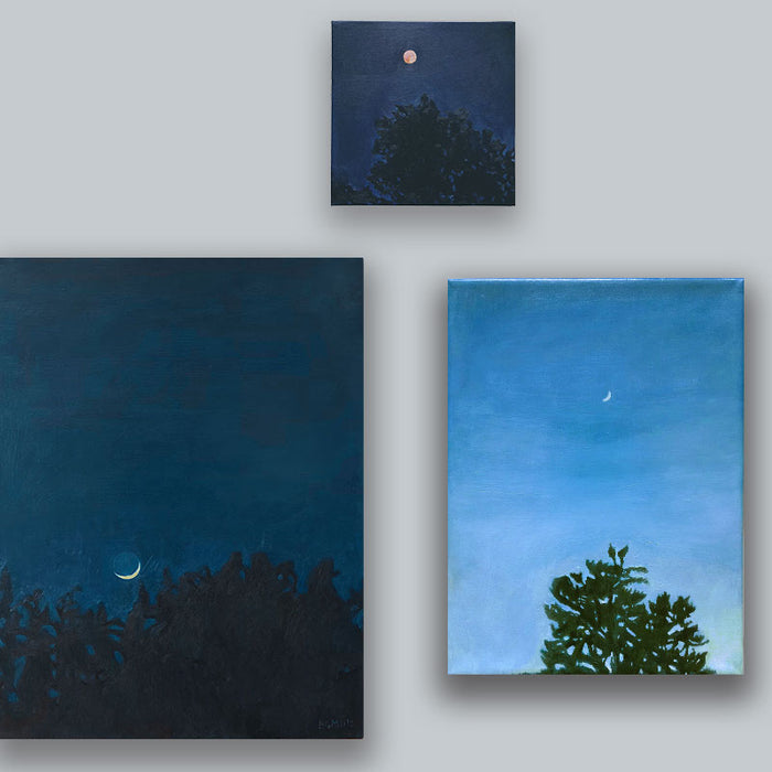 Three oil paintings on canvas by Bridgette Guerzon Mills, featuring different scenes of the moon above treetops. 