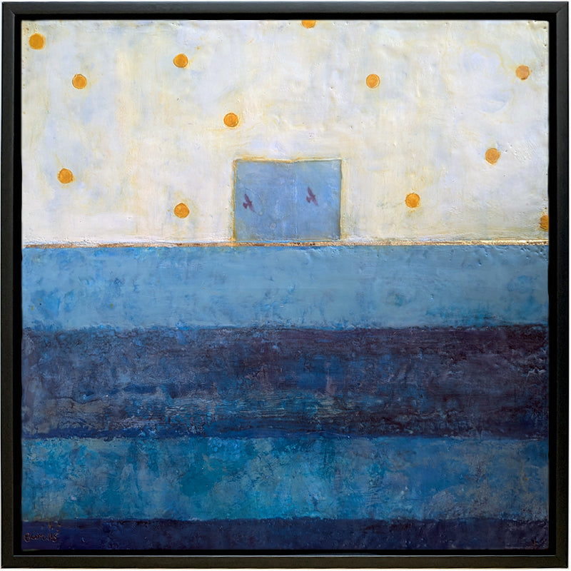 "Let Us Expand Our Vision, and Embrace Our Oneness" painting by Bridgette Guerzon Mills. A mixed media encaustic artwork with two small birds in flight at the center inside a blue box. Blue stripes below and white with yellow dots above. 