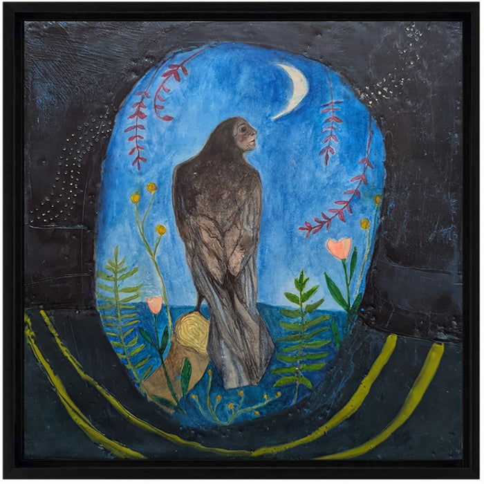 Framed mixed media encaustic painting featuring a mythical creature, a combination of raven and woman, perched on a branch under a night sky and crescent moon. She is surrounded by leaves, and pink and yellow flowers. 