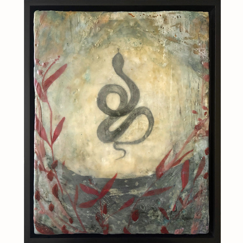 Mixed media artwork of a snake on a textured background with red botanical elements.