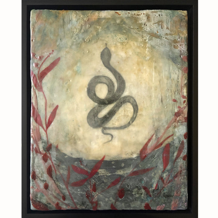 Mixed media artwork of a snake on a textured background with red botanical elements.