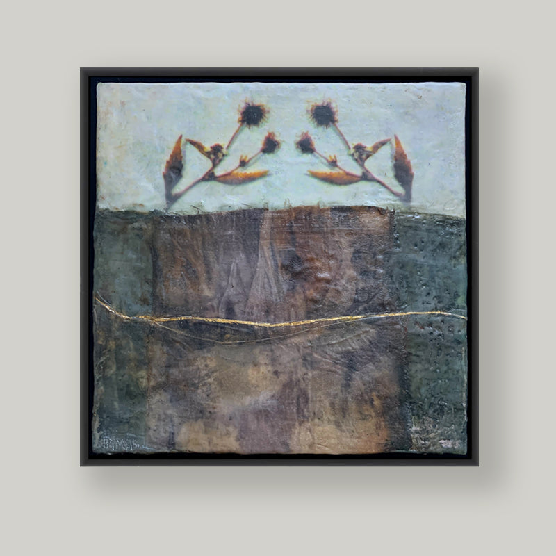 "Plant Magic" mixed media encaustic artwork by Bridgette Guerzon Mills. Nature and reciprocity themed artwork in earthy hues and gold accent. Framed in black and shown on a pale gray wall. 