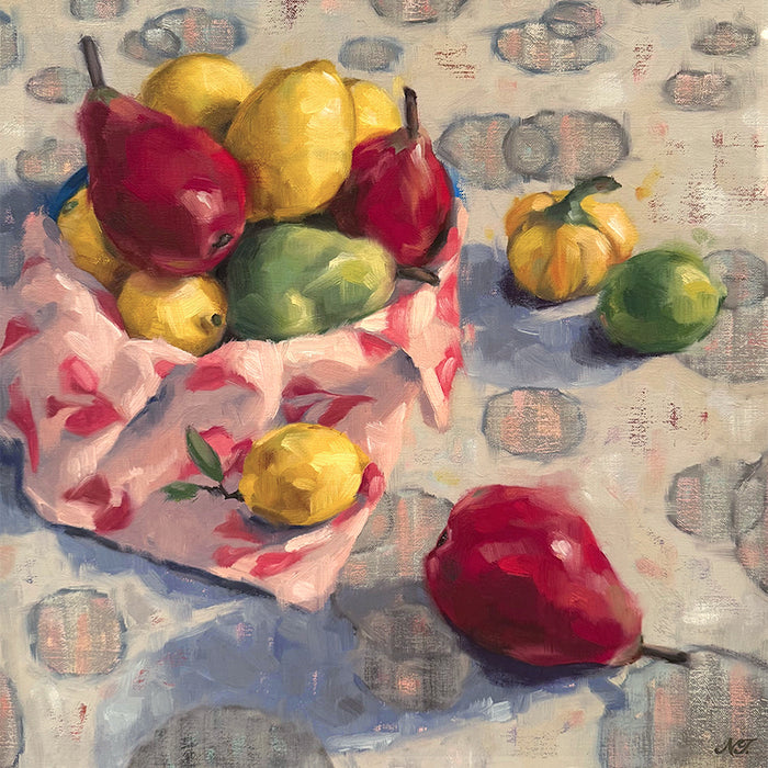 Bright Harvest still life by Ninalee Irani, featuring red and green pears, lemons, a small yellow squash, and a lime - in a bowl and on a tabletop with decorative cloth. 16 x 16" oil painting on panel. 
