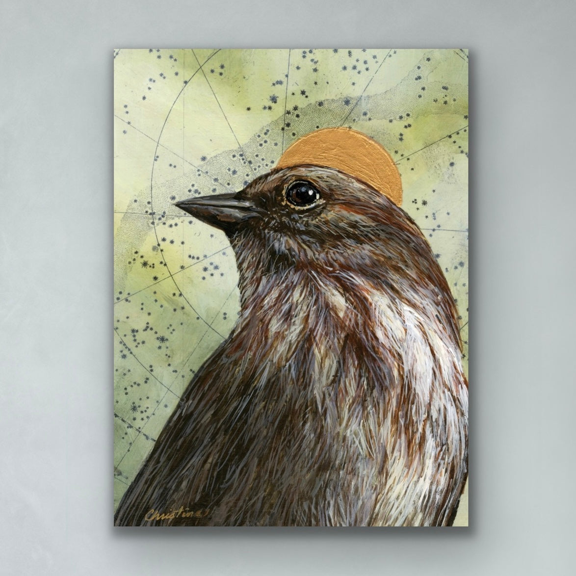 "Celestial Sparrow" by Christina Keith, a sparrow with a celestial backdrop.